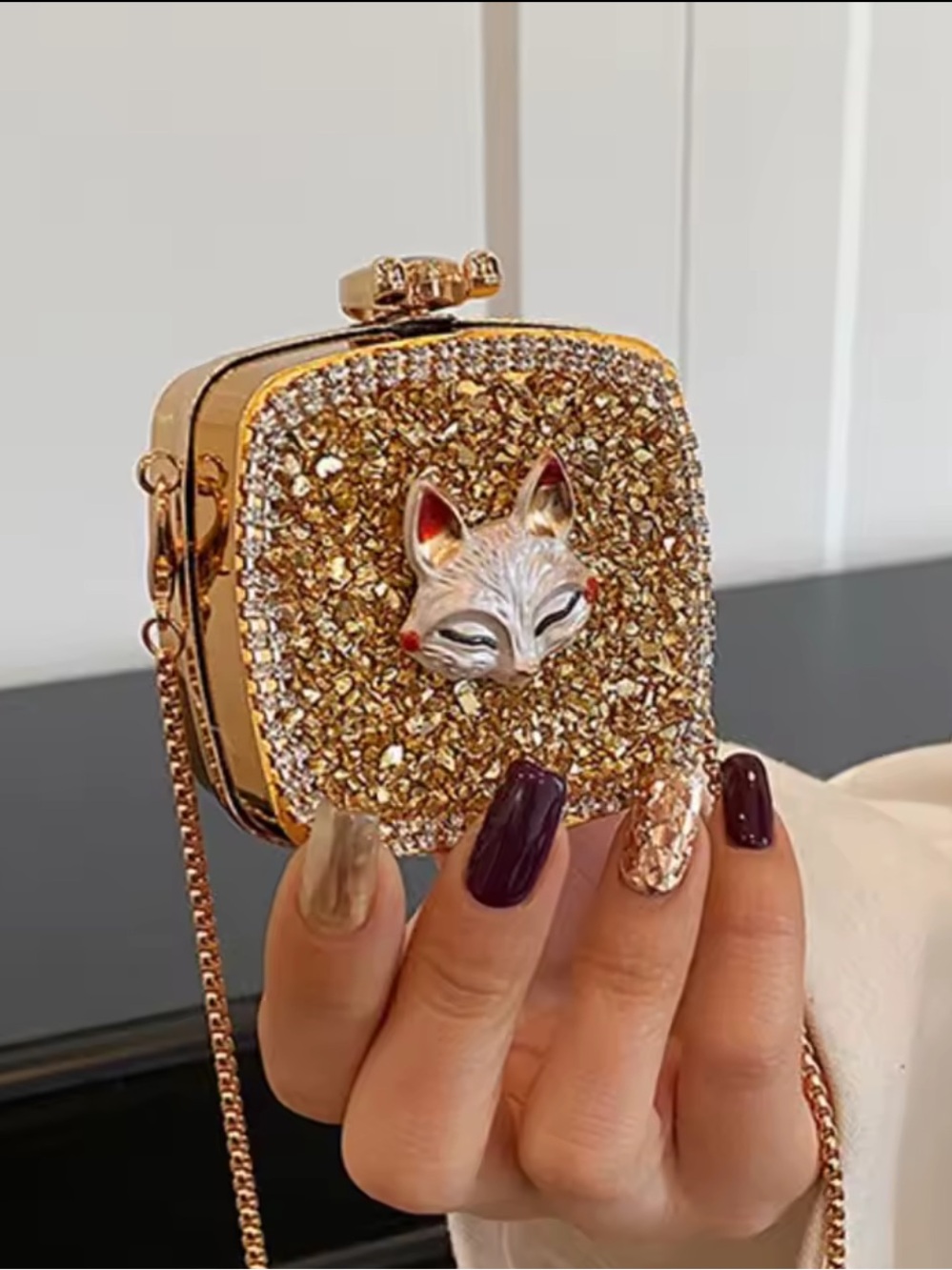 Gold Crystal Fox Box Clutch Crossbody Bag | Rhinestone Evening Mini Purse